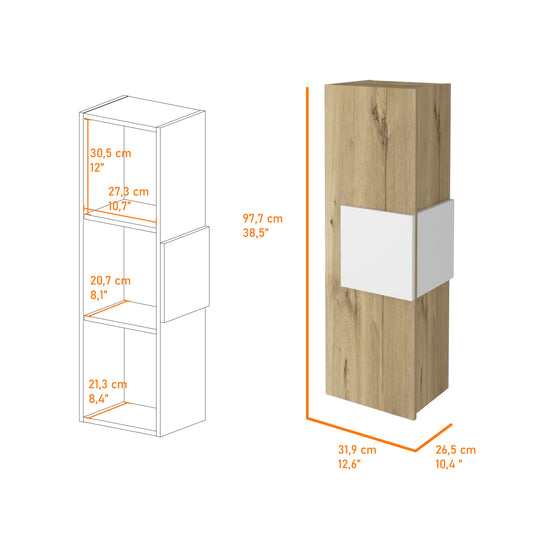 Tall narrow wood veneer cabinet with white accent panel dimensions shown