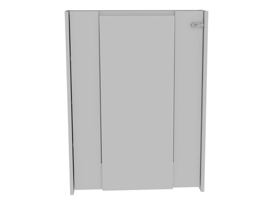 Minimalist grey closet door with a silver handle and integrated hinge system