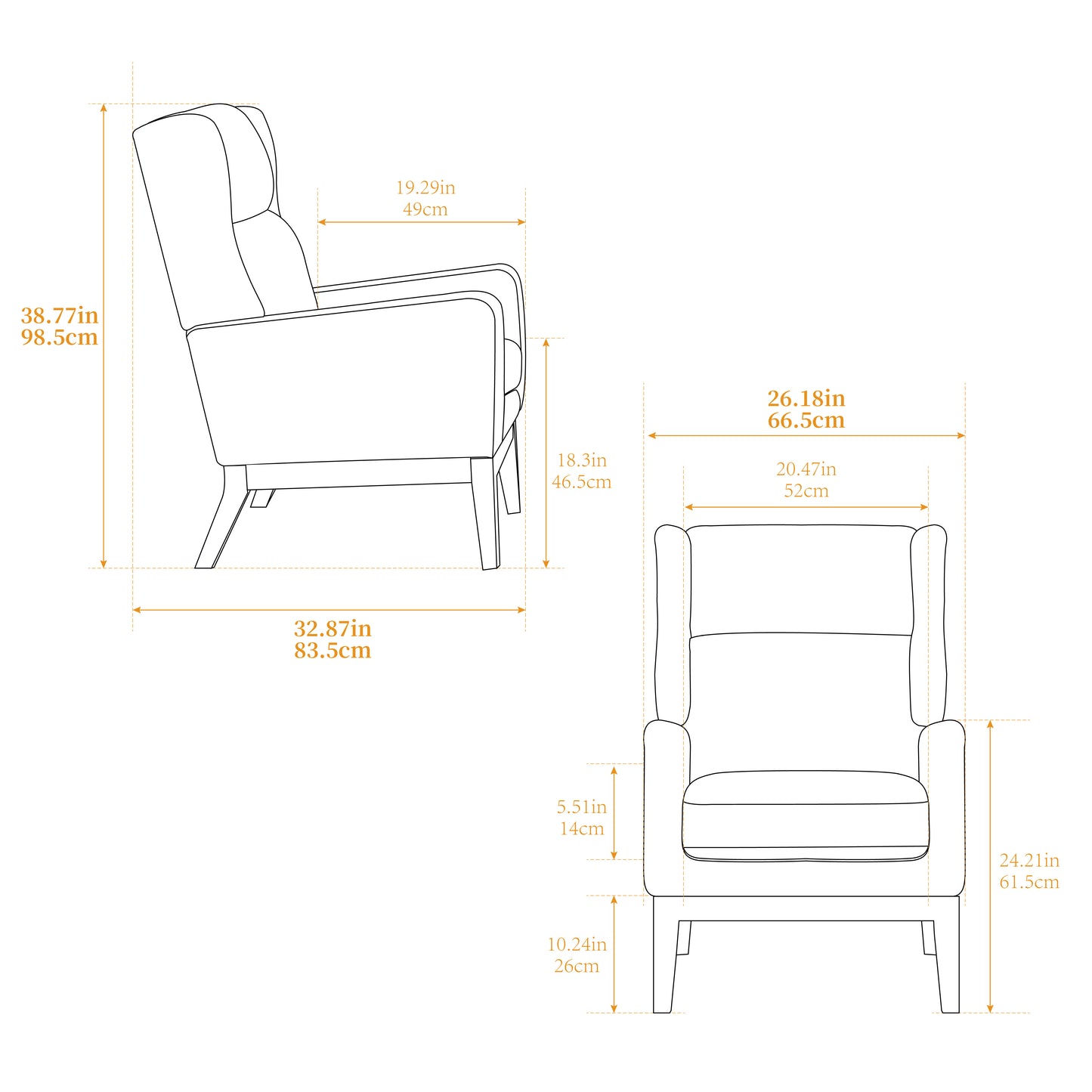 Wingback armchair with padded back and arms height in width in