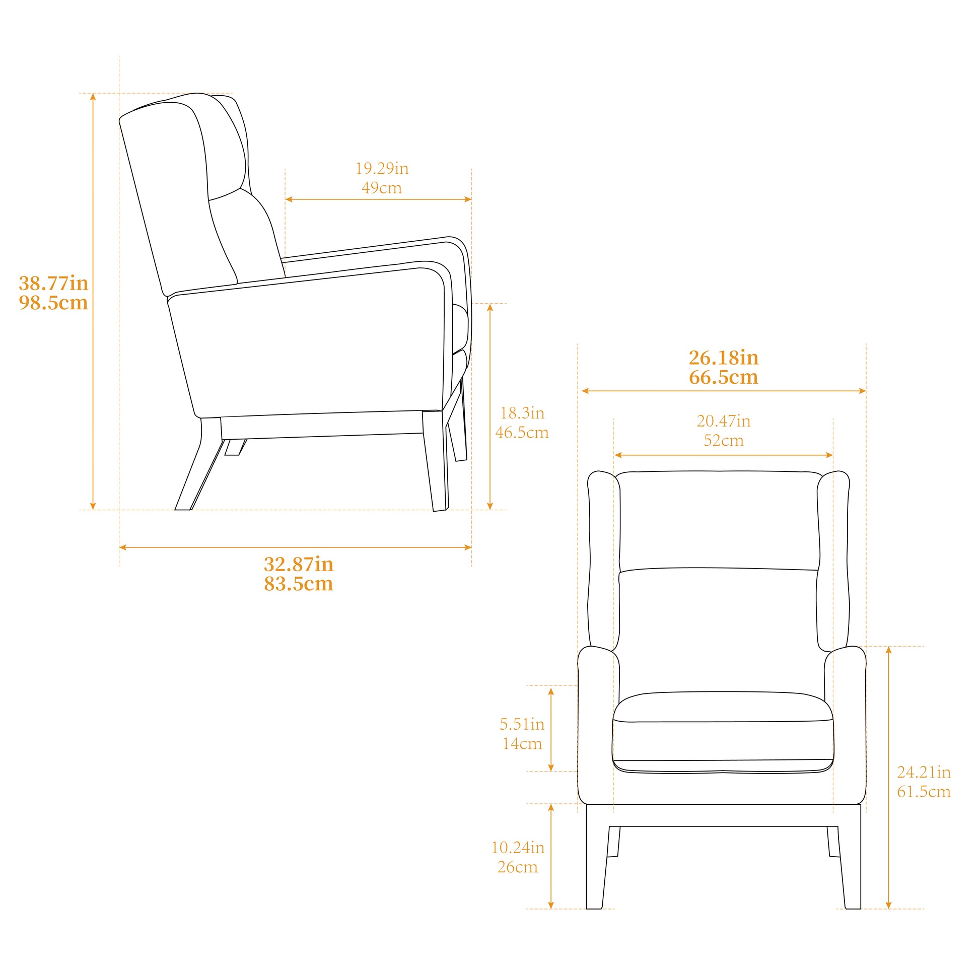 Wingback armchair with padded back and arms height in width in