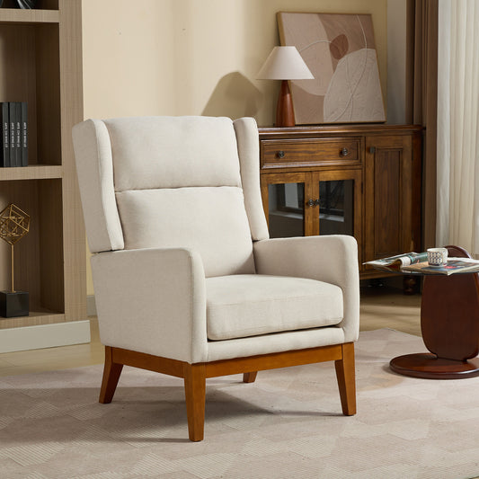 Upholstered beige wingback armchair with wooden legs ideal for modern living rooms