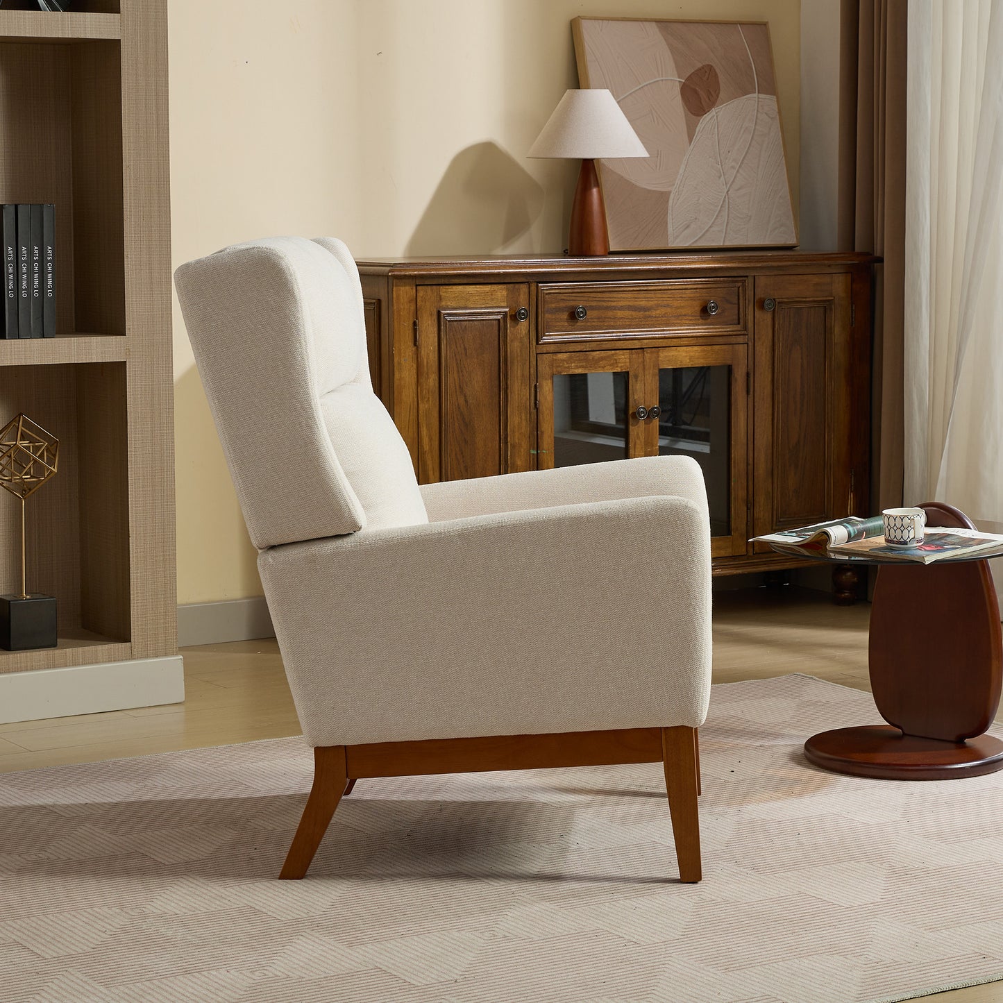 Cream fabric accent chair with angled wooden legs comfortable living room seating