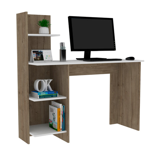Compact wood and white desk with shelves and computer setup