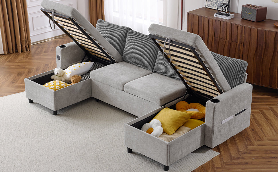 Grey sectional sofa with hidden storage compartments and plush cushions