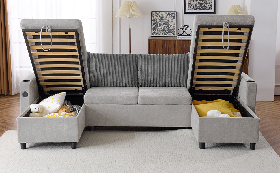 Grey sectional sofa with open storage compartments and wooden slat bed frames