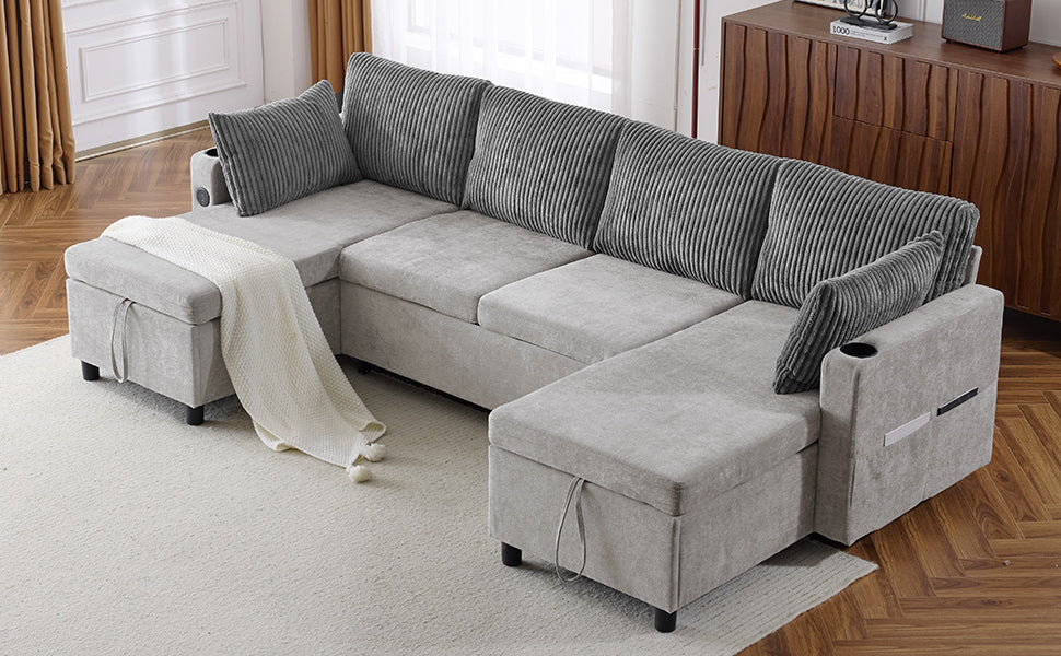 Gray sectional sofa with storage ottomans and ribbed accent pillows