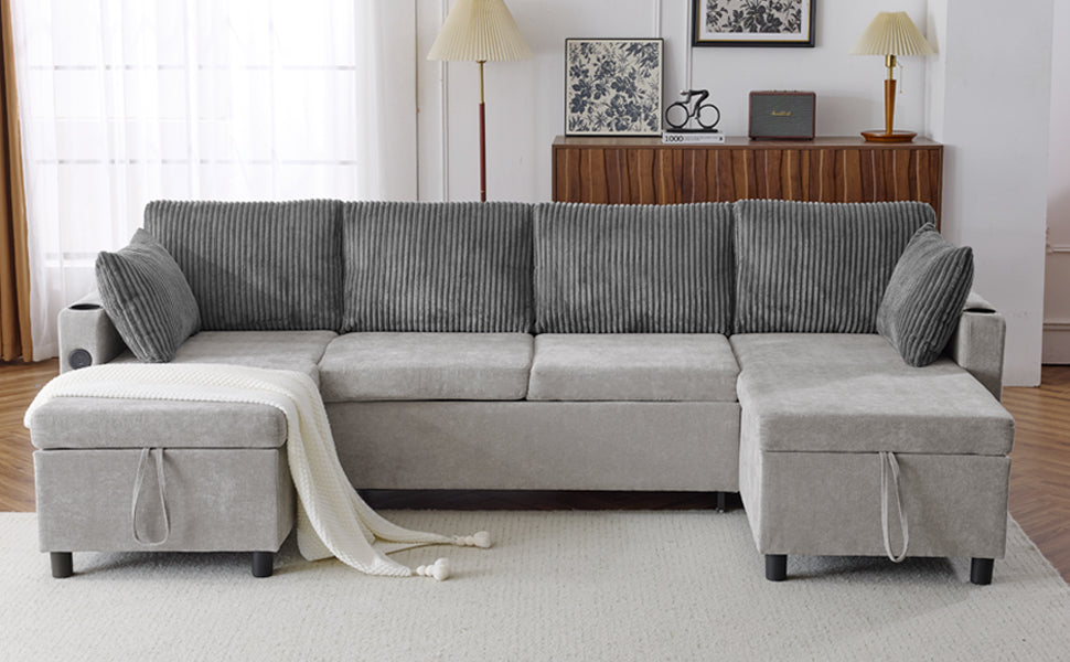 Modern grey corduroy sectional sofa with storage ottomans perfect for living rooms