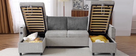 Grey upholstered sectional sofa with open storage compartments and pullout bed frame