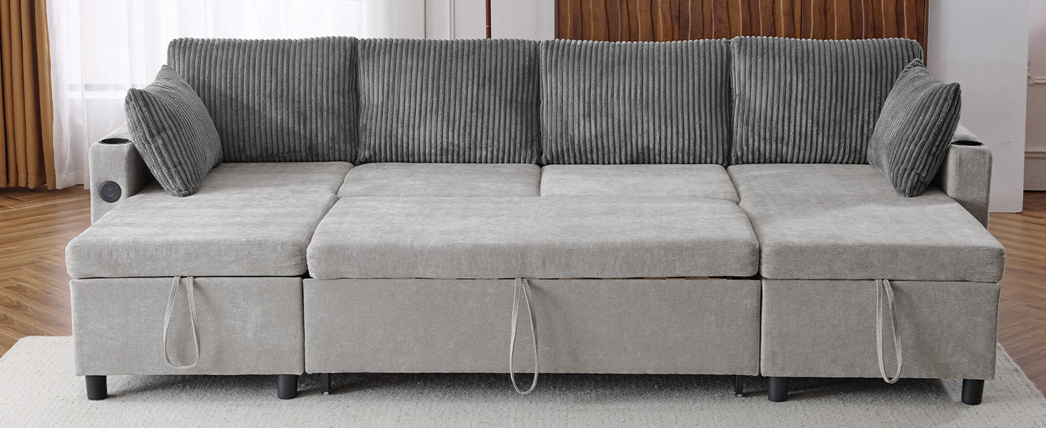 Light grey modular sectional sofa with storage chaise and ribbed corduroy back cushions