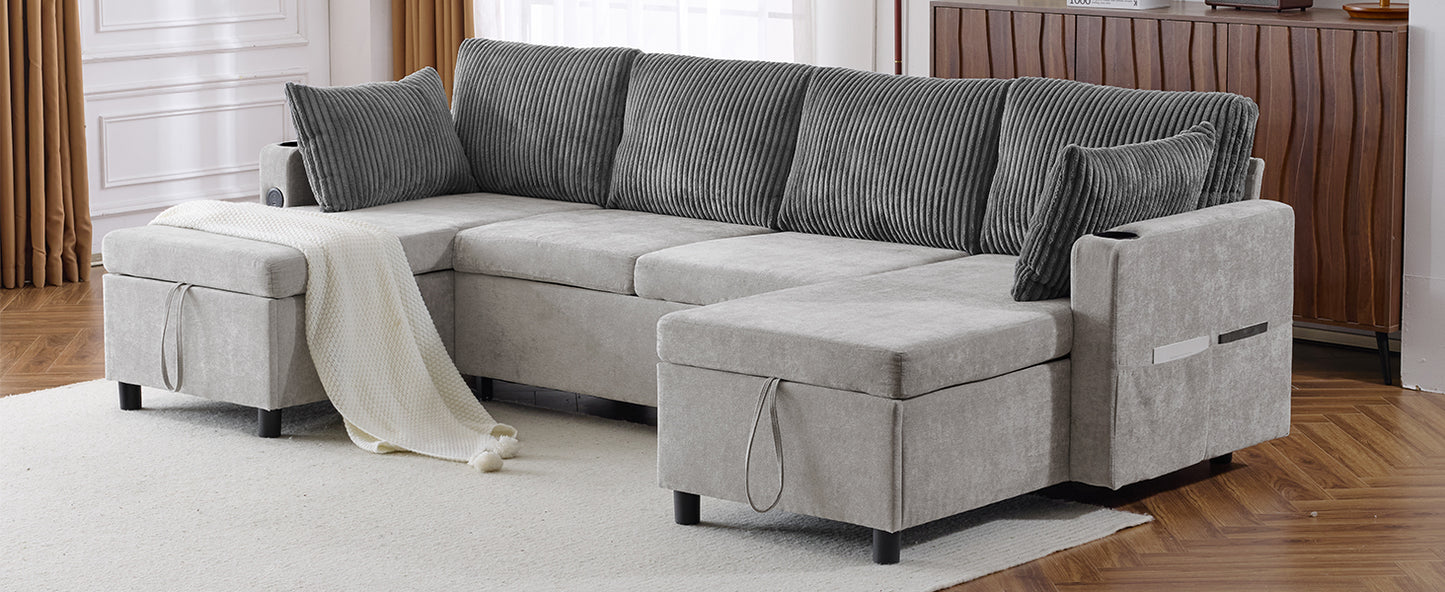 Grey corduroy sectional sofa with storage ottomans and plush cushions