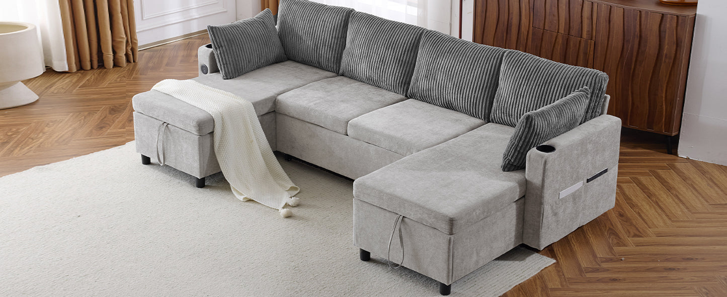 Grey Ushaped sectional sofa with storage ottomans and corduroy pillows
