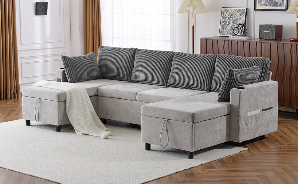 Light gray upholstered sectional sofa with storage ottomans and corduroy pillows
