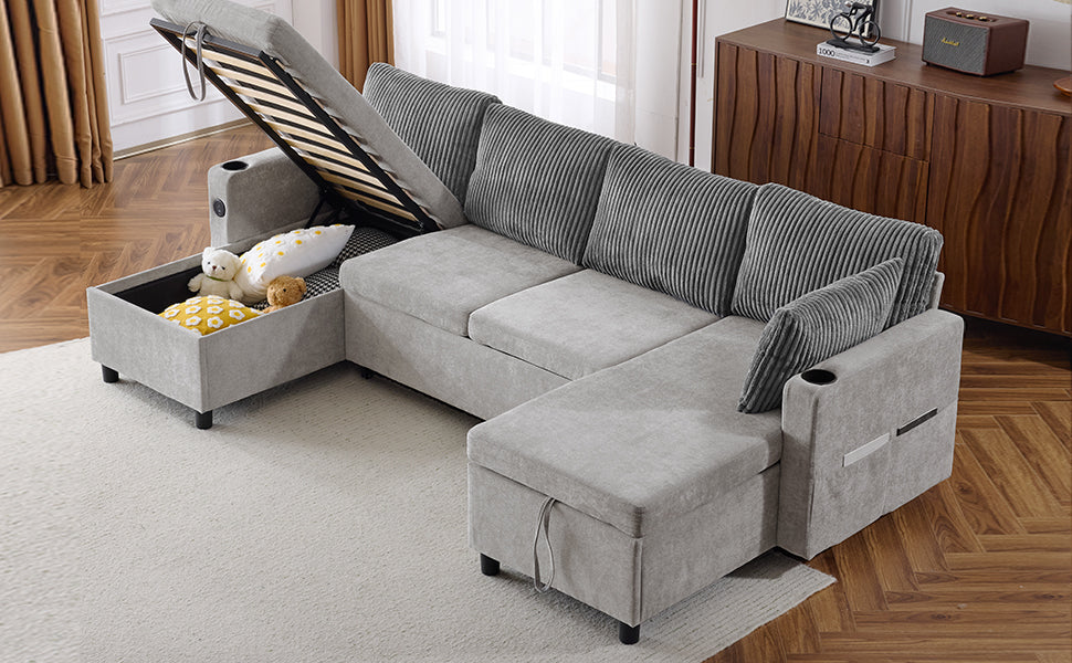 Grey sectional sofa with hidden storage pulledout bed frame showing wooden slats for bedding storage