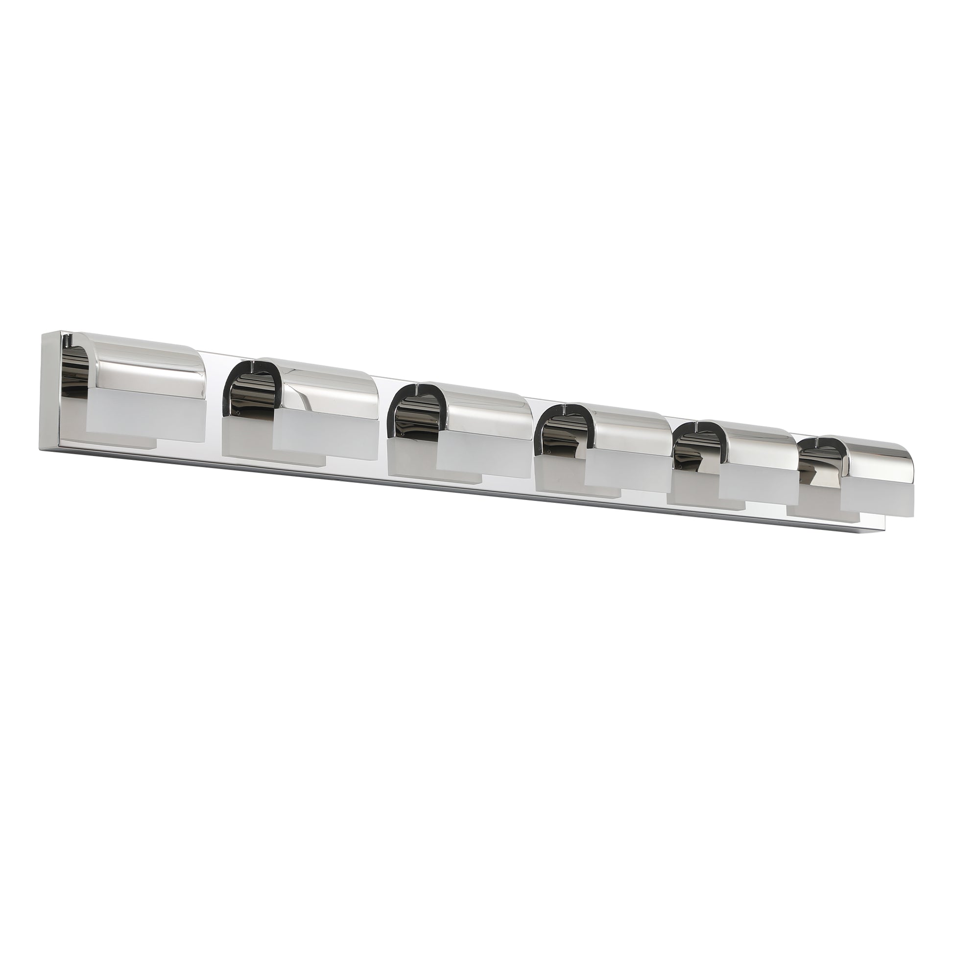 Modern chrome bath vanity light with eight frosted glass shades for even illumination