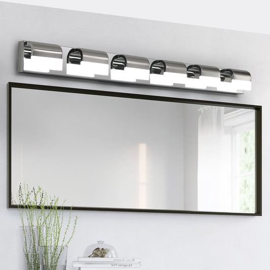 Chrome light vanity fixture with frosted glass shades and a rectangular black mirror