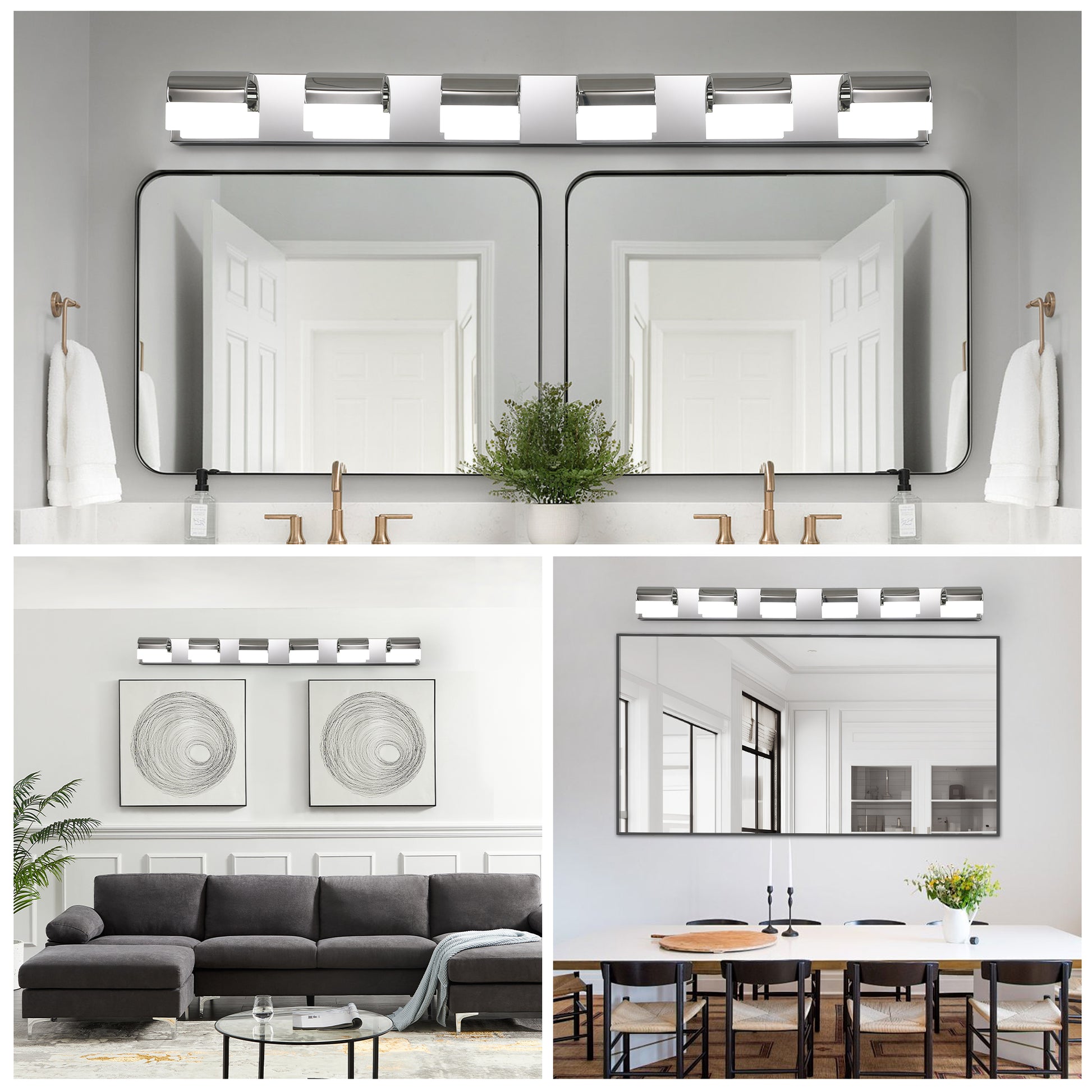 Modern light chrome vanity light fixture with frosted glass shades above a large vanity mirror