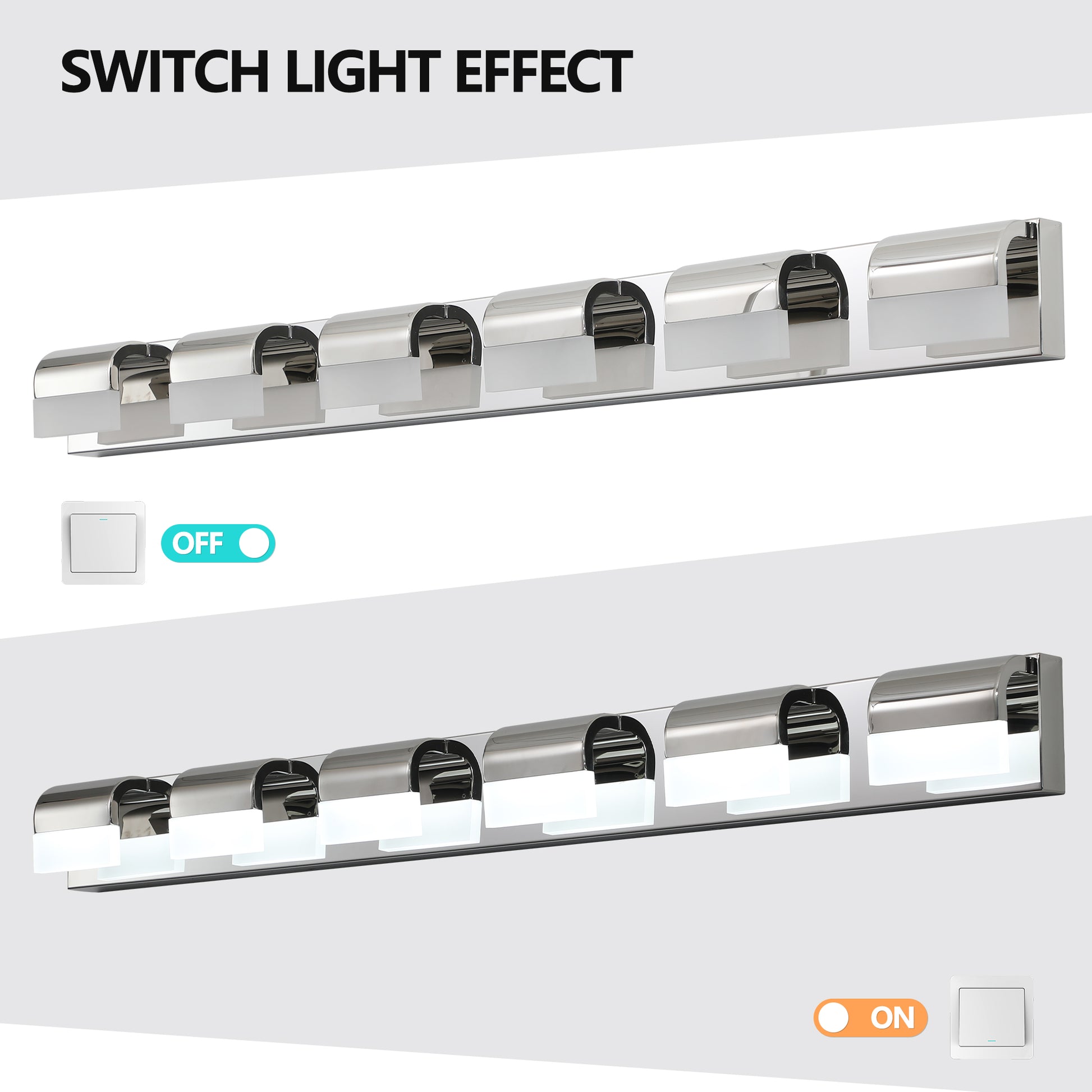 Chrome vanity light bar with frosted glass shades illuminated