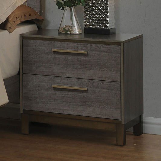 Gray wood twodrawer nightstand with brass handles and gold trim
