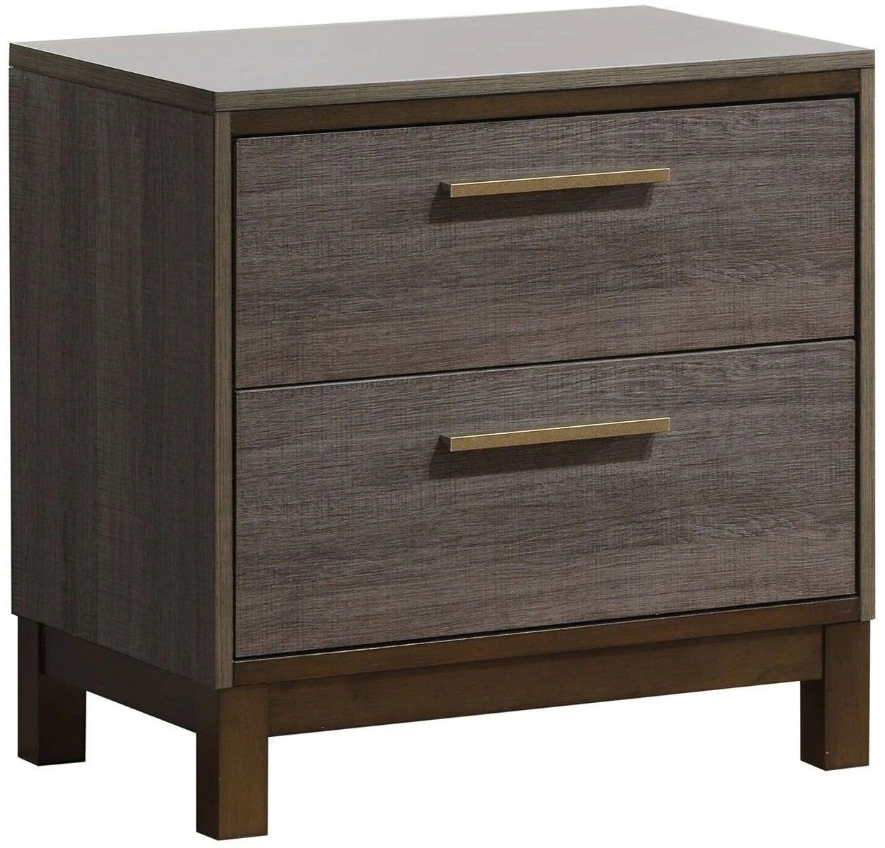 Twodrawer modern nightstand in weathered grey wood finish with brass drawer pulls