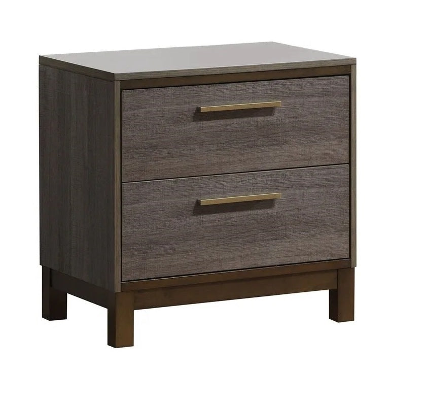 Modern gray wood nightstand with brass handles