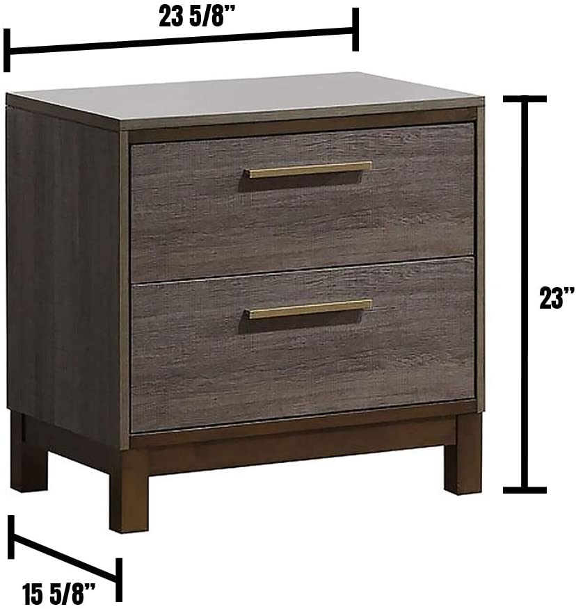 Twodrawer grey wood nightstand with gold hardware and metal legs