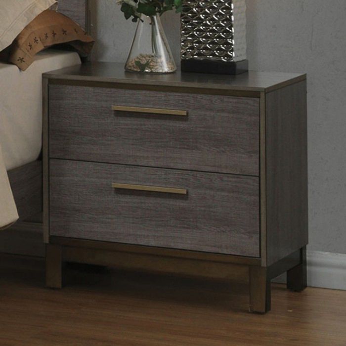 Gray wood twodrawer nightstand with brass handles and modern metal legs