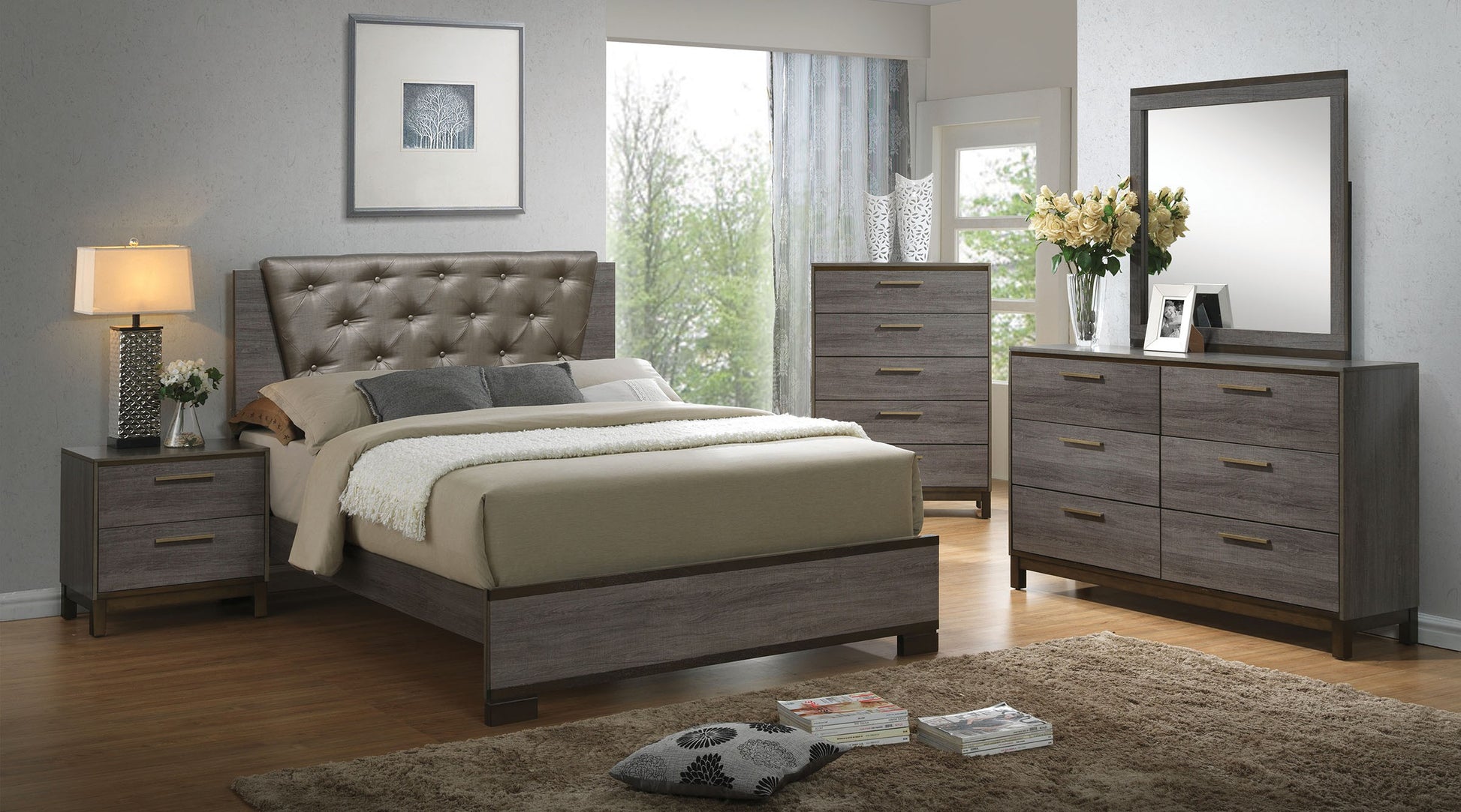 Tufted grey leather headboard modern queen bed with wood frame