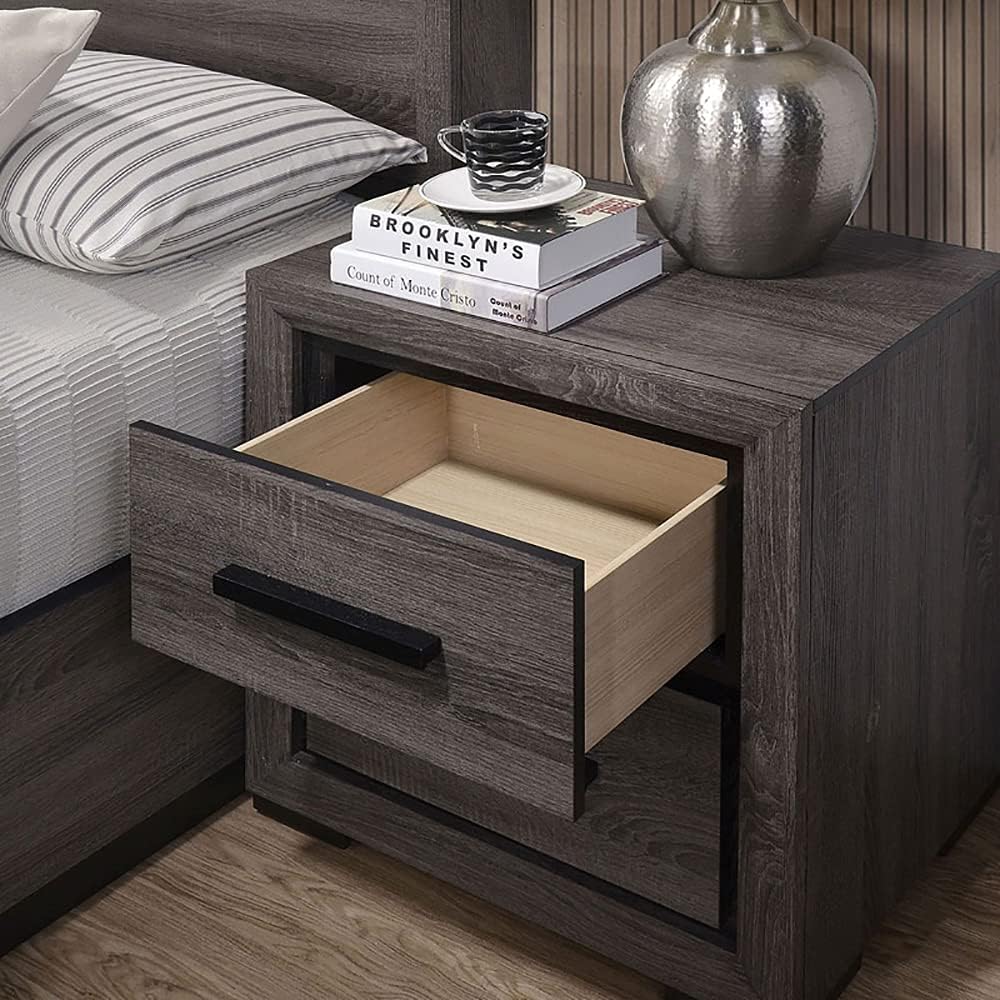 Dark oak veneer nightstand with open drawer and black handle