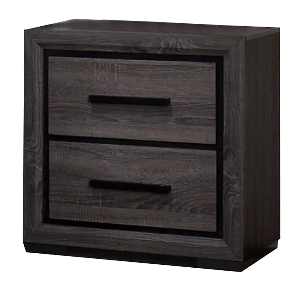 Modern gray wood nightstand with two drawers and black metal handles