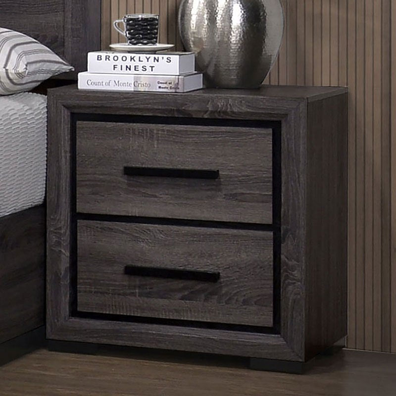 Rustic grey wood nightstand with two drawers and black handles