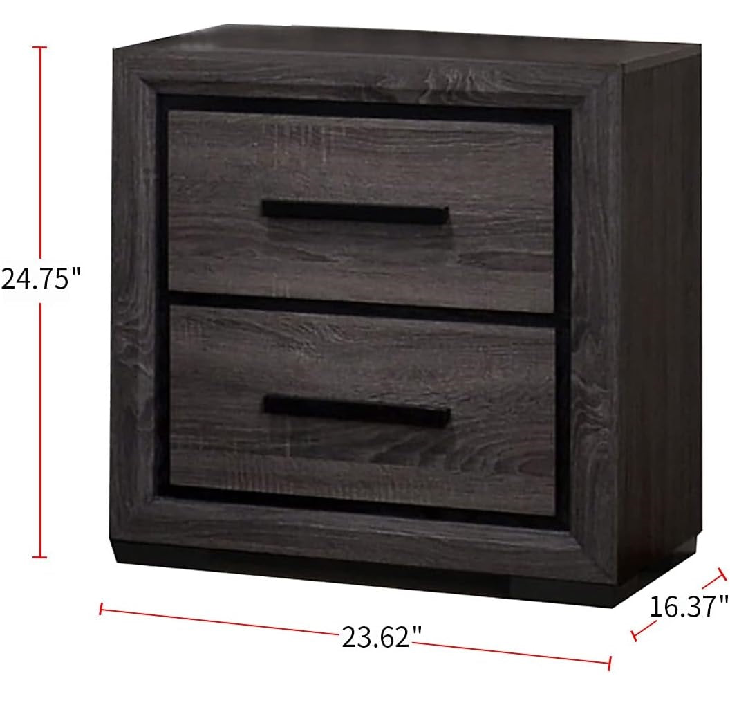 Dark grey wood grain nightstand with two drawers and black handles
