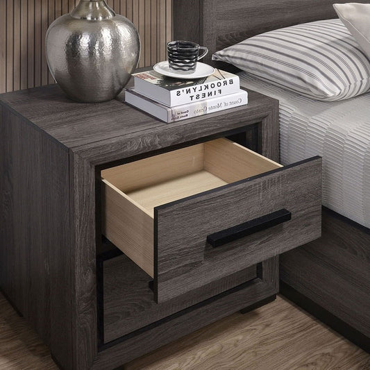Dark gray wood grain nightstand with open drawer and black handle