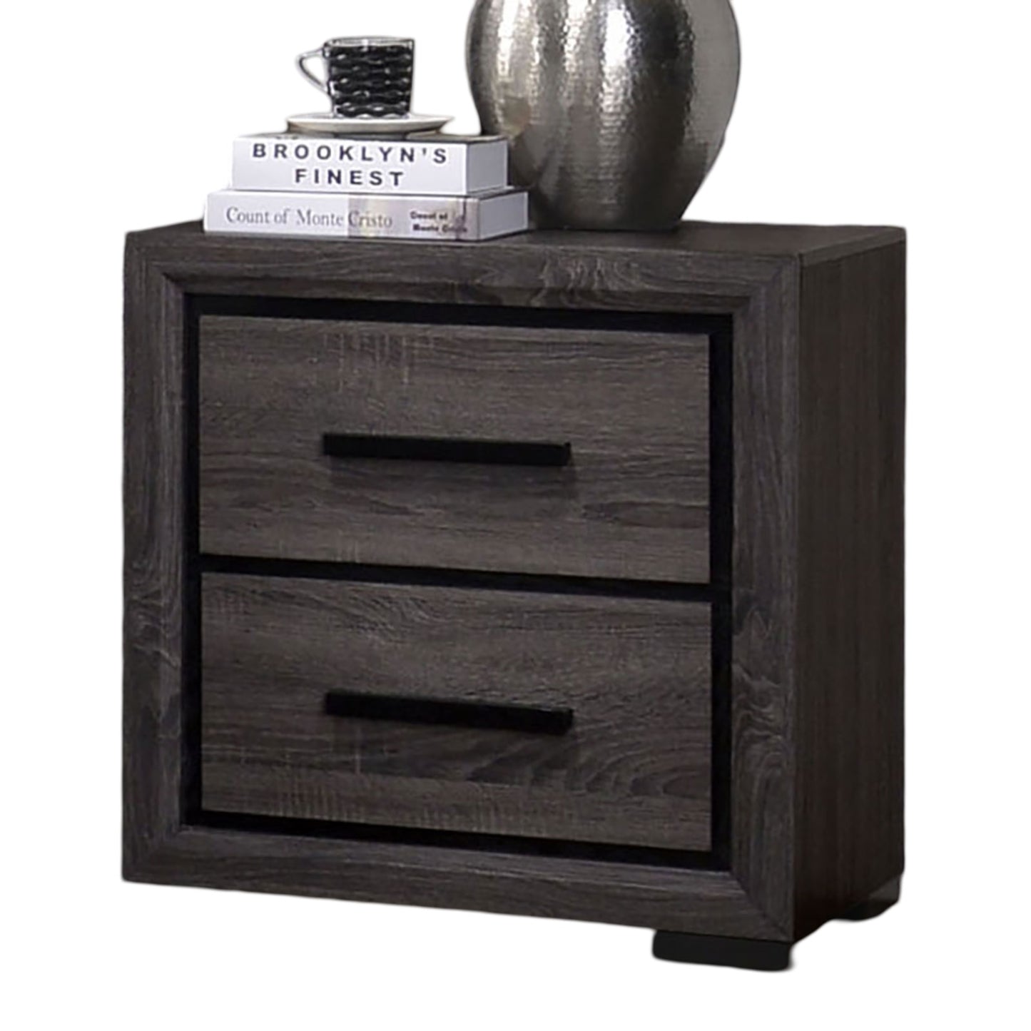 Rustic grey wood nightstand with two drawers and black handles
