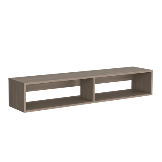 Modern grey wood floating shelf with two open compartments for display and storage