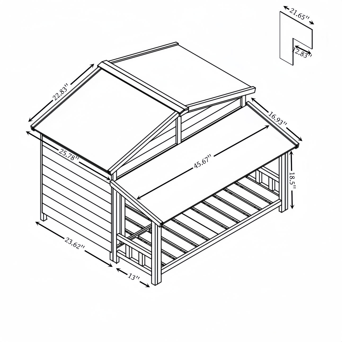 Line drawing of a wooden outdoor storage bench with angled roof  wide