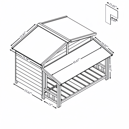 Line drawing of a wooden outdoor storage bench with angled roof  wide