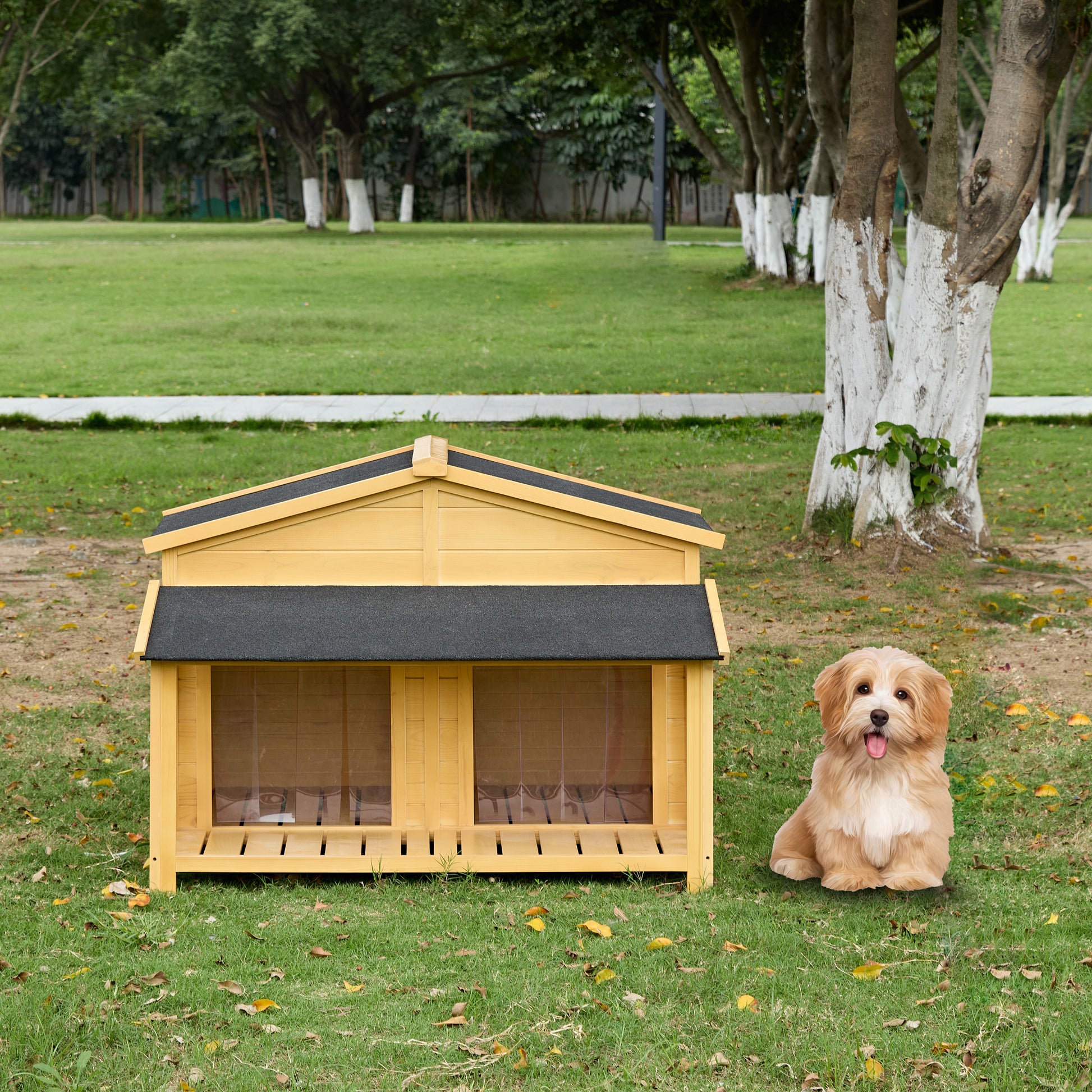 Natural wood dog house with raised floor ideal for outdoor use