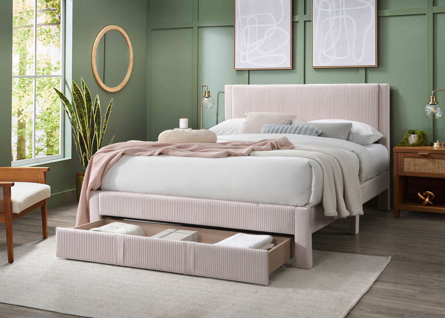 Upholstered pink bed frame with vertical channel tufting and builtin storage drawer