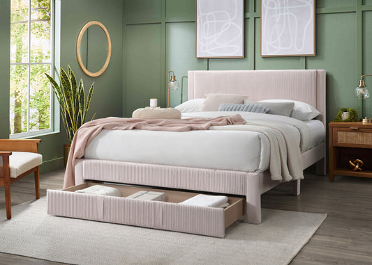 Upholstered pink bed frame with vertical channel tufting and builtin storage drawer