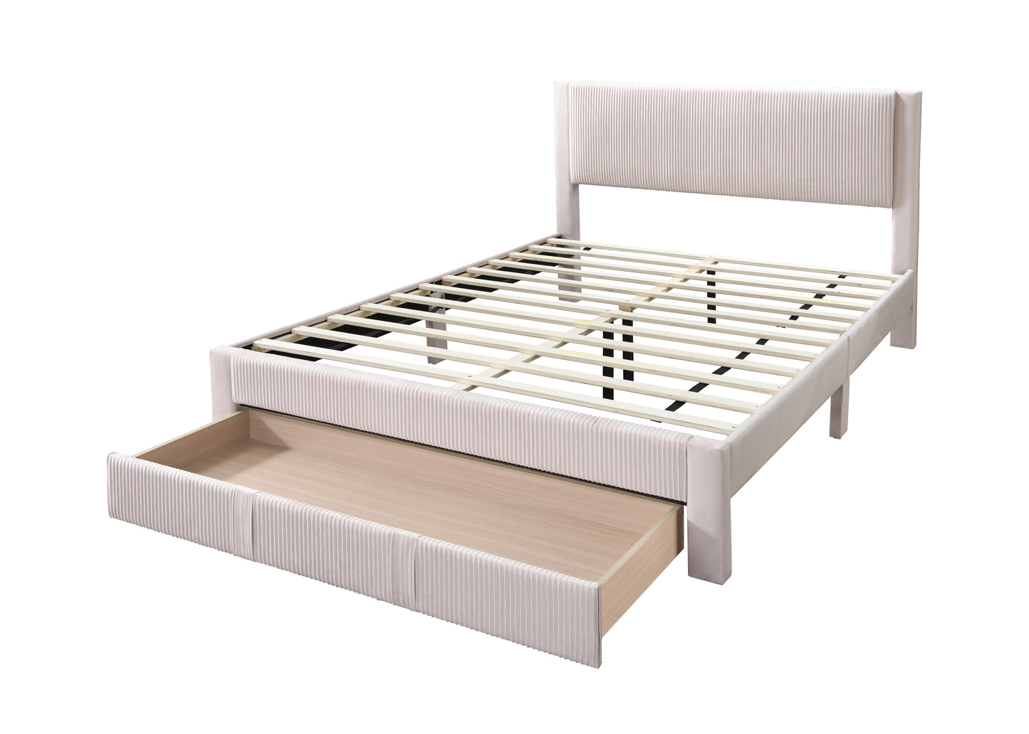 Light pink upholstered bed frame with vertical pleats and an open trundle drawer