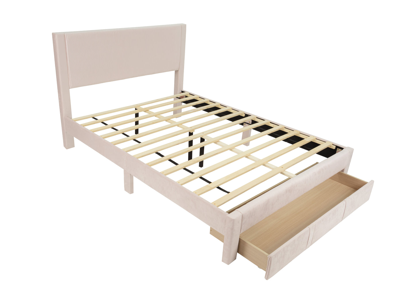 Pink corduroy twin bed frame with pullout storage drawer and wooden slats