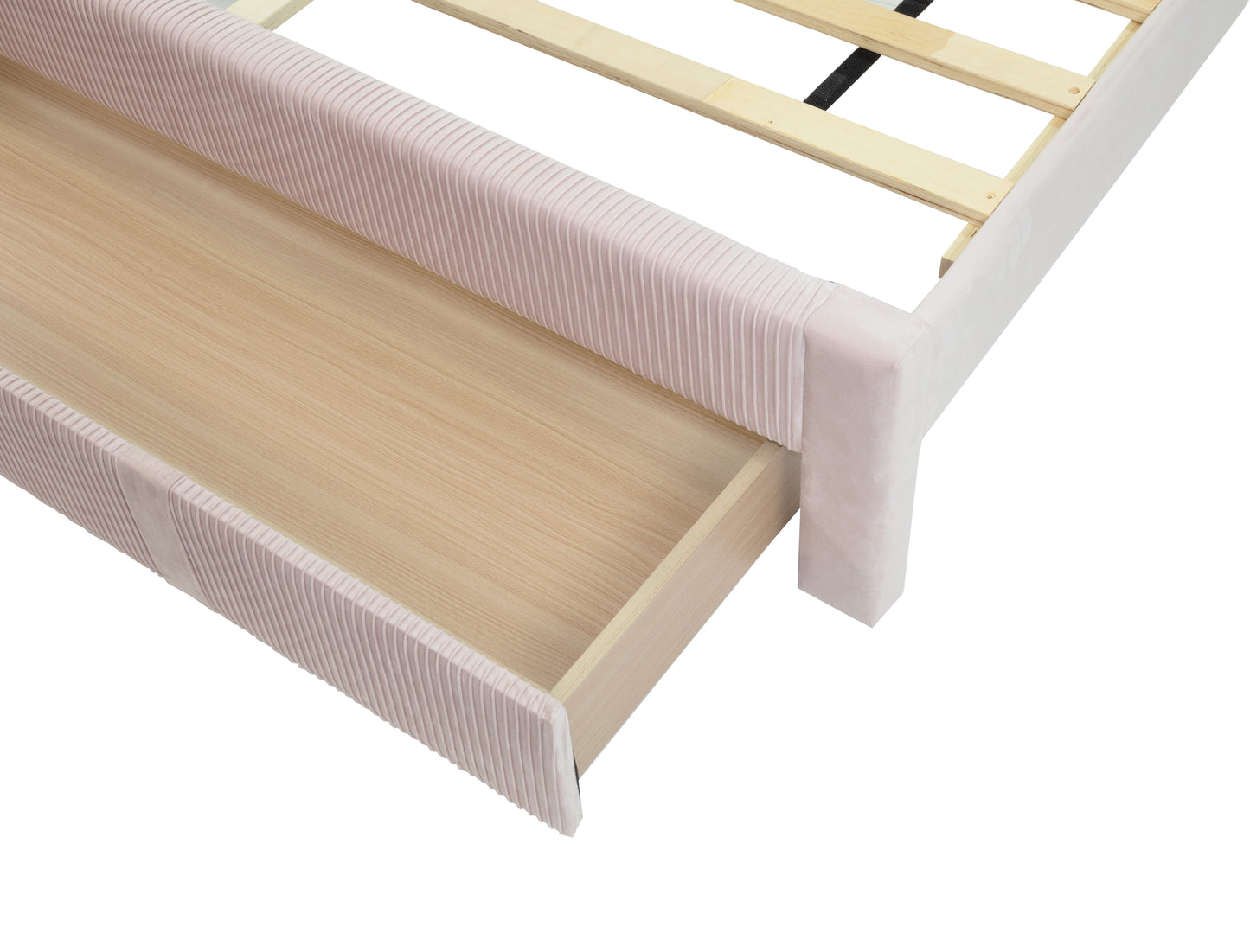 Soft pink pleated velvet bed frame with an open wooden storage drawer