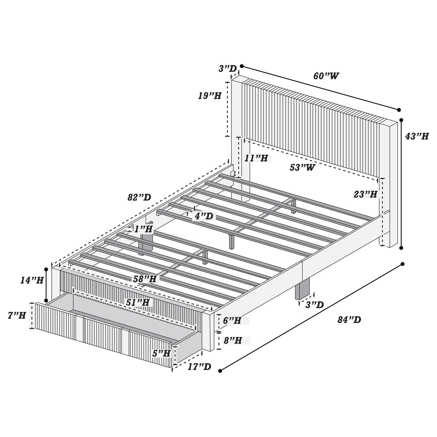 Diagram showing dimensions of a platform bed frame with integrated storage drawers and a slatted headboard