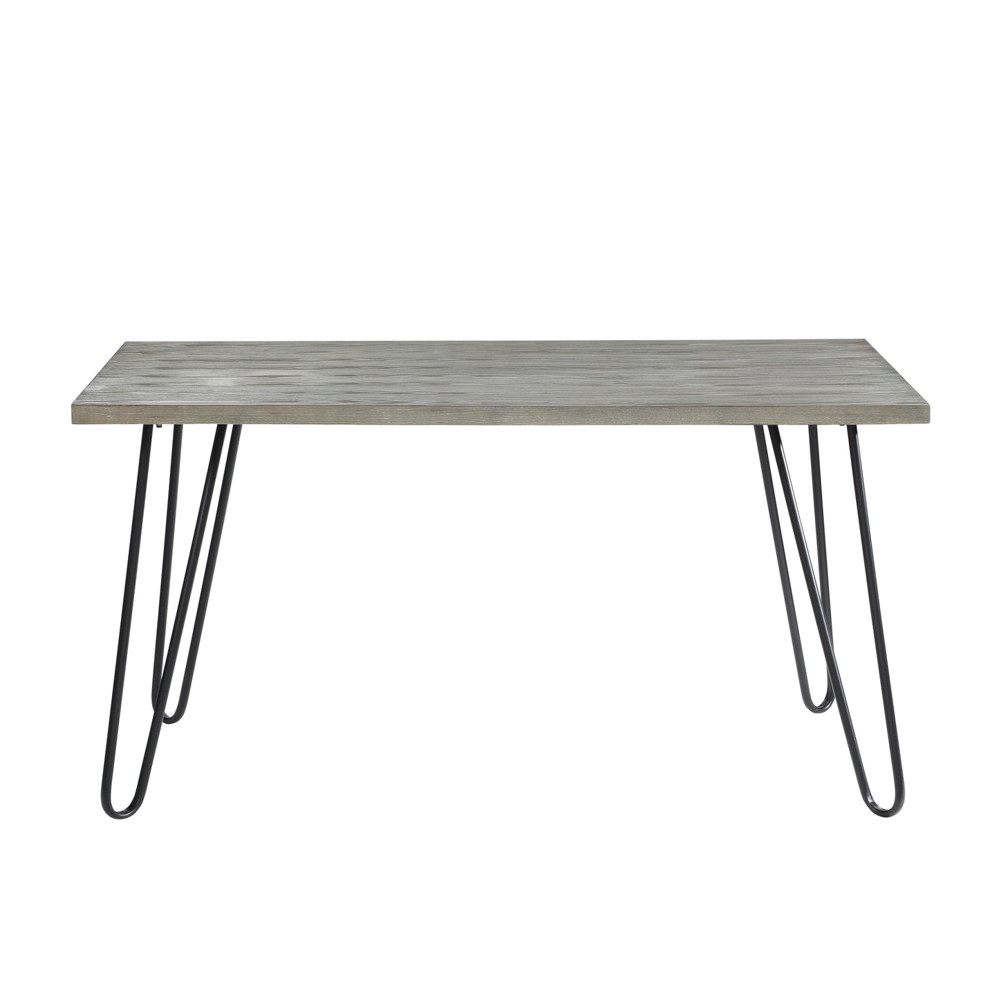 Rustic grey wood rectangular dining table with black hairpin legs