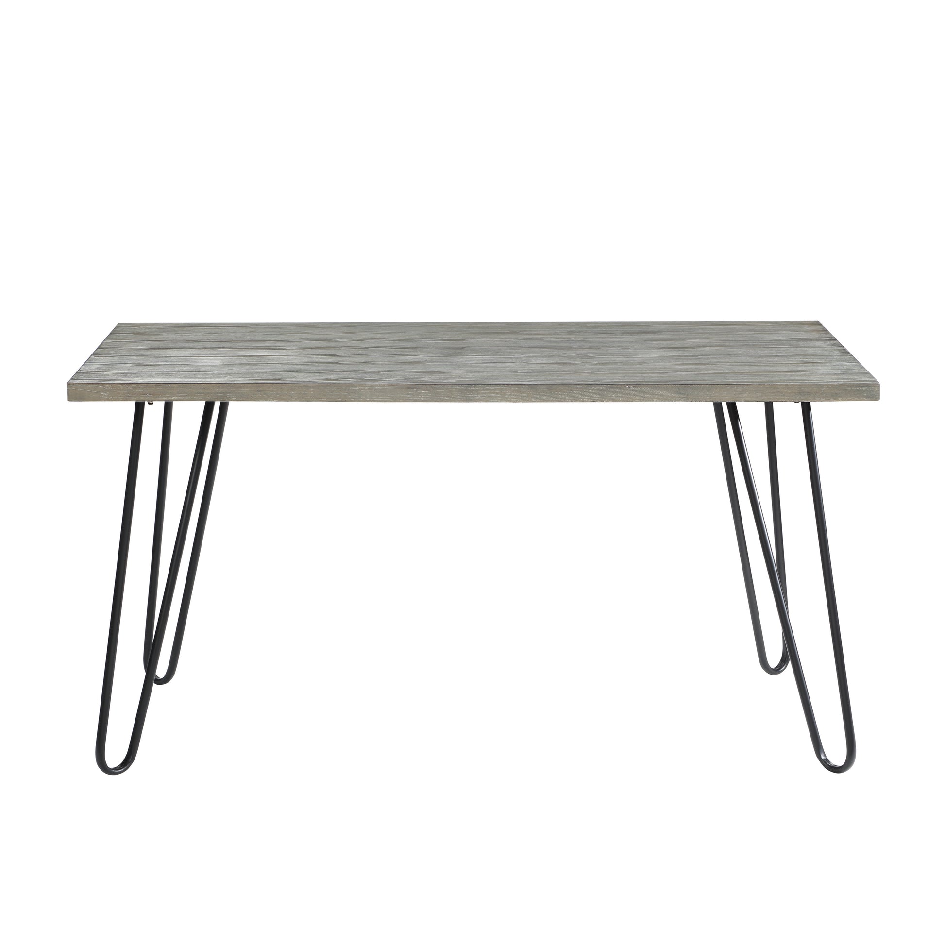 Rustic grey wood rectangular dining table with black hairpin legs