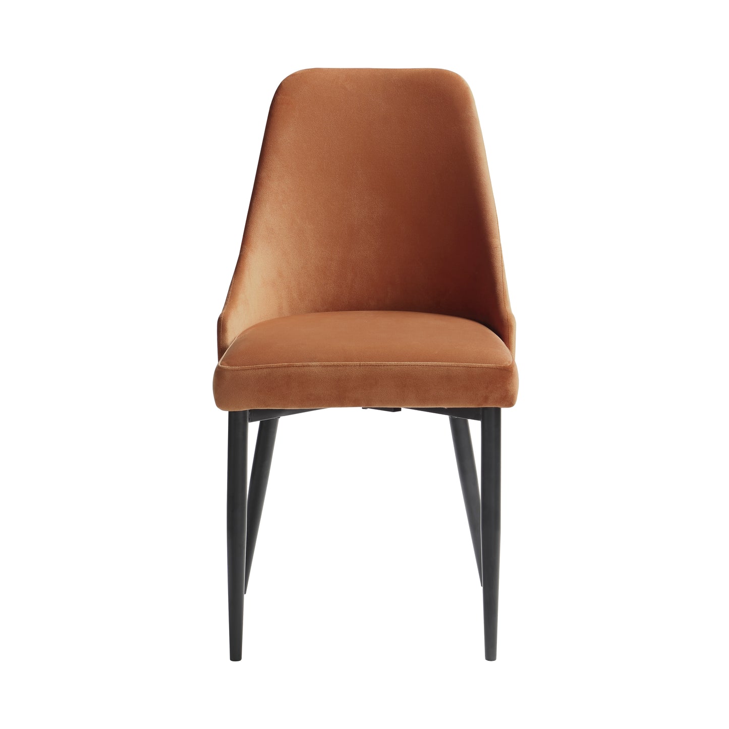 Modern accent chair with plush brown velvet upholstery and sleek black metal legs