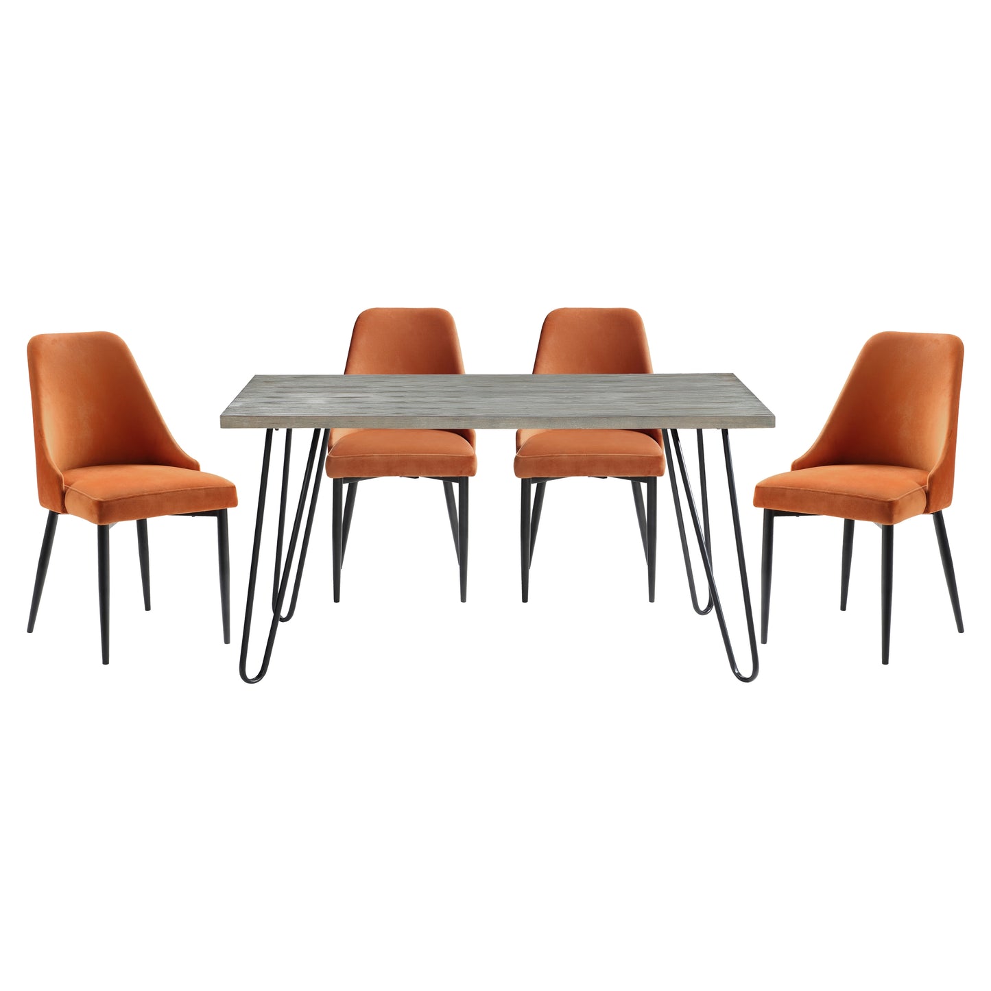 Orange velvet dining chairs with grey woodgrain table and black hairpin legs