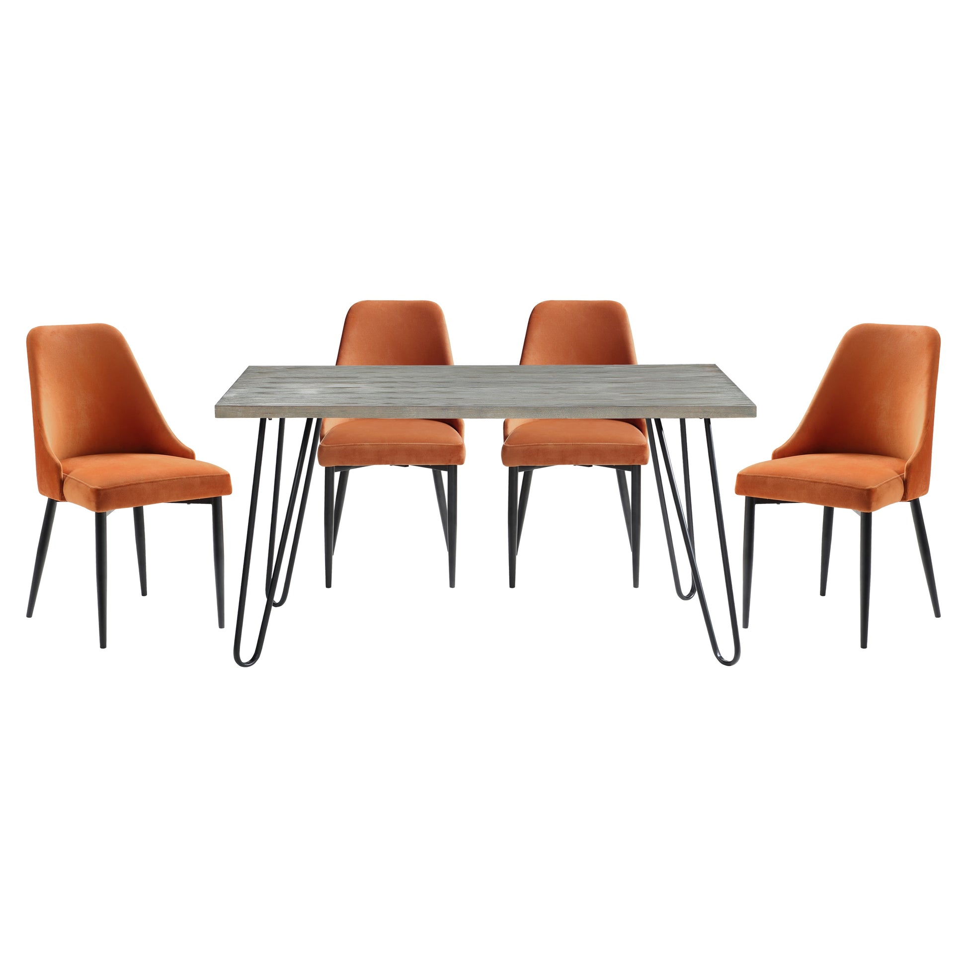 Orange velvet dining chairs with grey woodgrain table and black hairpin legs