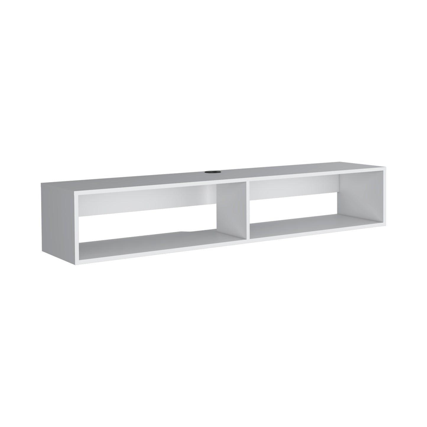 Modern white wallmounted TV stand with two open compartments  characters