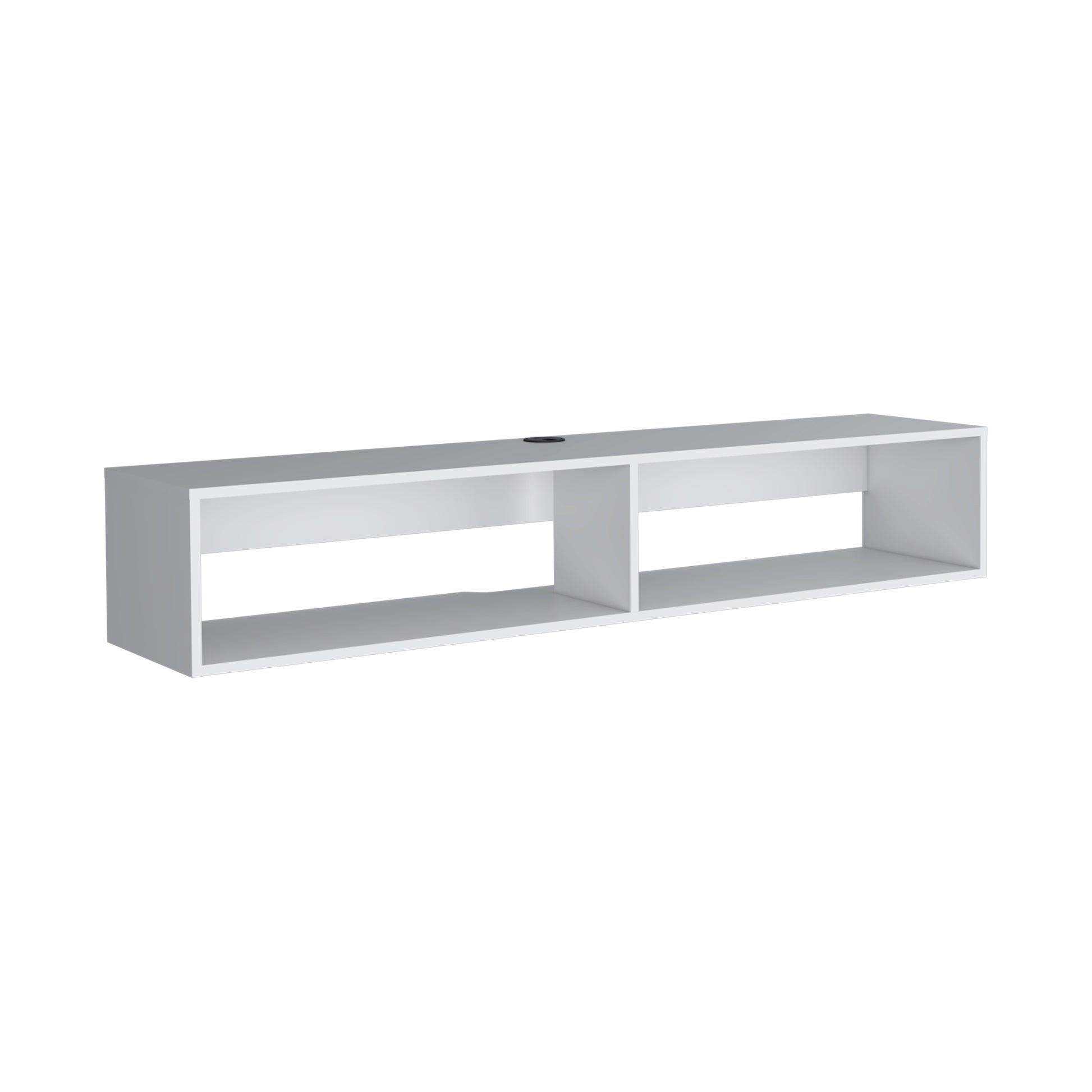 Modern white wallmounted TV stand with two open compartments  characters